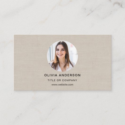 Beige Linen Photo with QR Code Social Media 名刺 (正面)