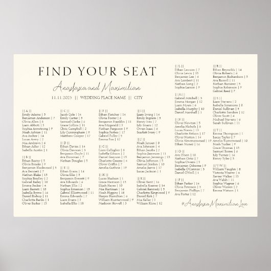 Beige Minimal Wedding Alphabetical Seating Chart ポスター (正面)