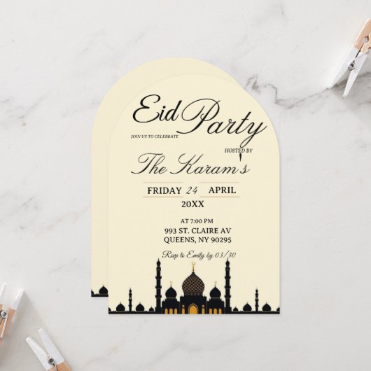 Beige Minimalist elegant Eid Party Invitation Card 招待状 (正面/裏面インサイチュ)