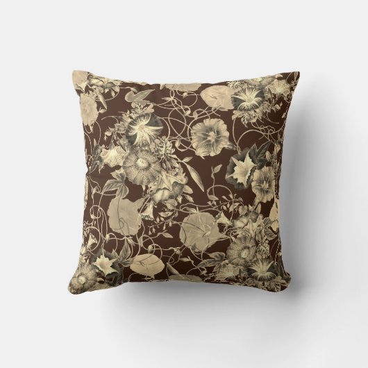 Beige Morning Glory Flowers on Dark Brown クッション (裏面)