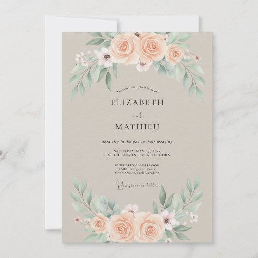 Beige Muted Botanical Wedding 招待状 (正面)
