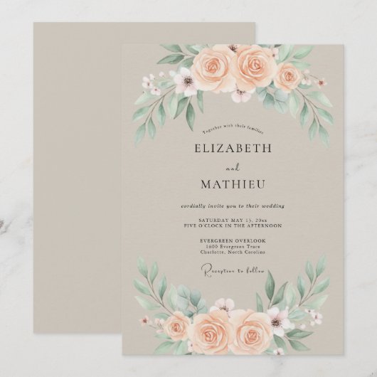 Beige Muted Botanical Wedding 招待状 (正面/裏面)