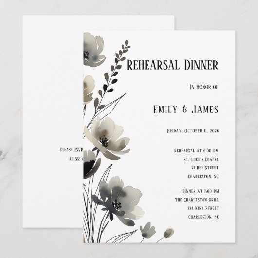Beige Neutral Floral Wedding 招待状 (正面/裏面)