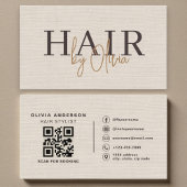 Beige Neutral Linen QR Code Hair Stylist 名刺