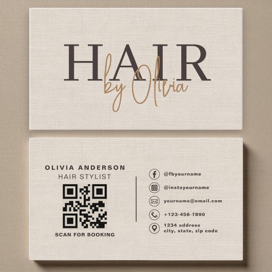 Beige Neutral Linen QR Code Hair Stylist  名刺