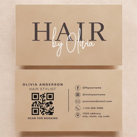 Beige Neutral Suede QR Code Hair Stylist  名刺