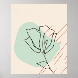 Beige One Line Flower Abstract Floral Art Print ポスター