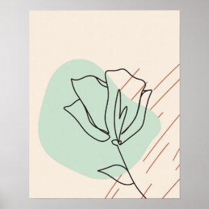 Beige One Line Flower Abstract Floral Art Print ポスター