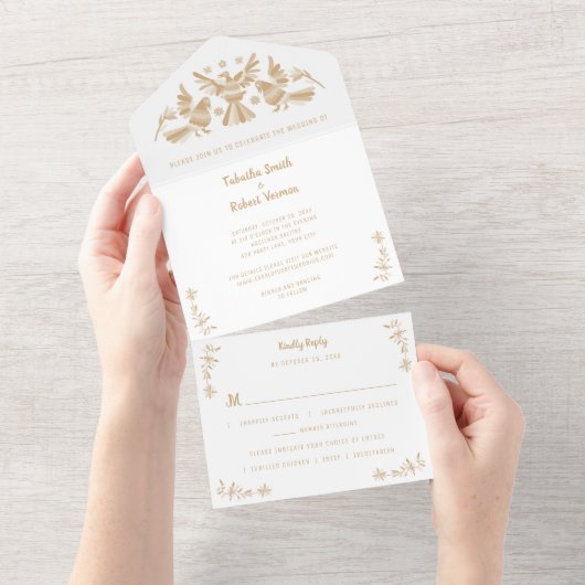 Beige Otomi Mexican All In One Wedding Invite オールインワン招待状 (貼ってはがせる)
