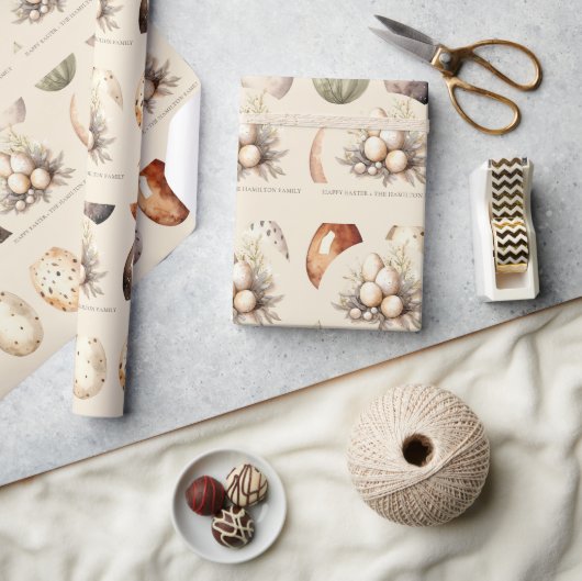 Beige Pastel Easter Eggs Family Name ラッピングペーパー (クラフト)