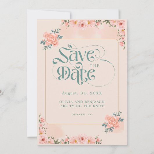 Beige Peach Pink Floral Save The Date Invitations セーブザデート (正面)