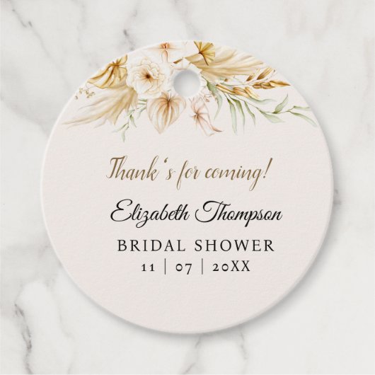 Beige Pink Floral Pattern Bridal Shower フェイバータグ (正面)