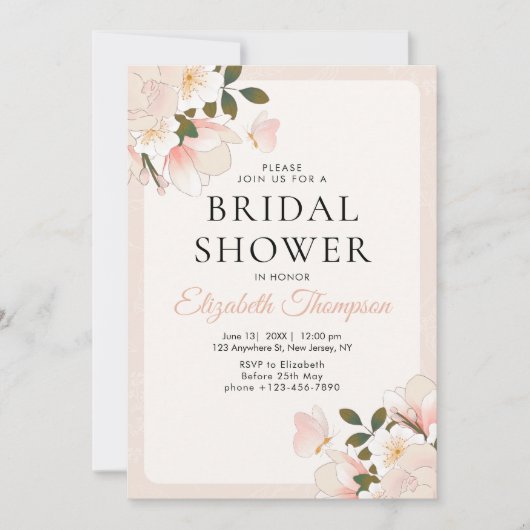 Beige Pink Floral Pattern Bridal Shower 招待状 (正面)
