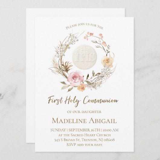 beige pink flowers Eucharist First Communion 招待状 (正面/裏面)