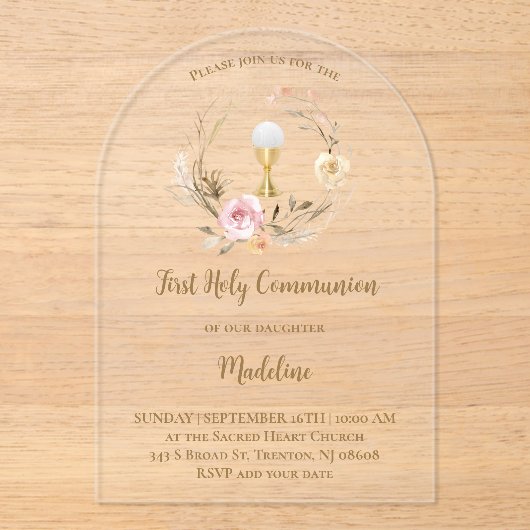 beige pink flowers | First Communion アクリル招待状 (正面)