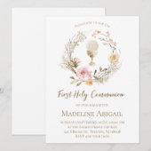 beige pink flowers wreath First Communion 招待状 (正面/裏面)