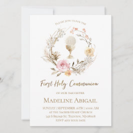 beige pink flowers wreath First Communion 招待状