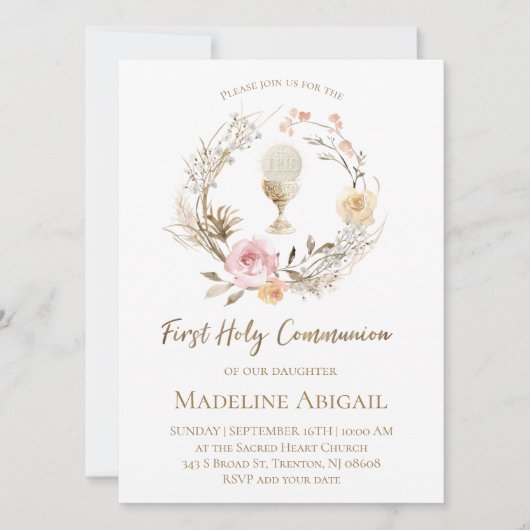 beige pink flowers wreath First Communion 招待状 (正面)