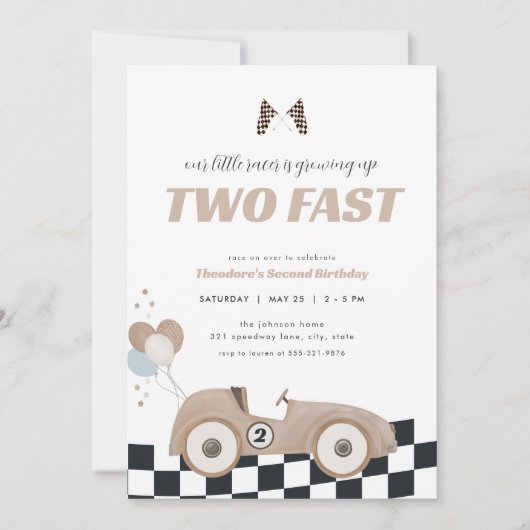 Beige Race Car Two Fast Second Birthday Invite  招待状 (正面)