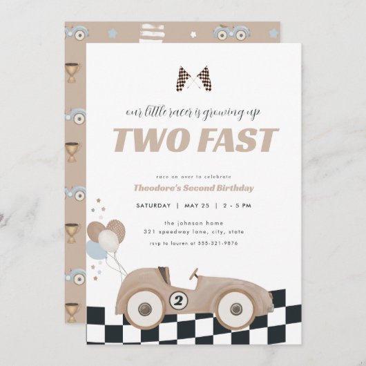 Beige Race Car Two Fast Second Birthday Invite  招待状 (正面/裏面)