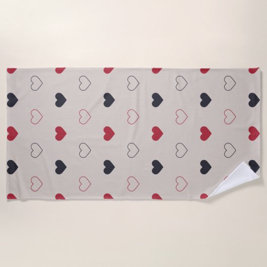 Beige & red Heart Seamless Pattern Cute Minimal ビーチタオル (正面)