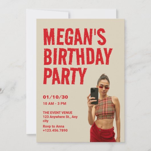Beige red photo birthday 招待状 (正面)