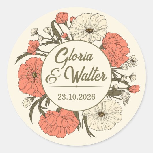 Beige Red Vintage Wedding Sticker Illustrative  ラウンドシール (正面)