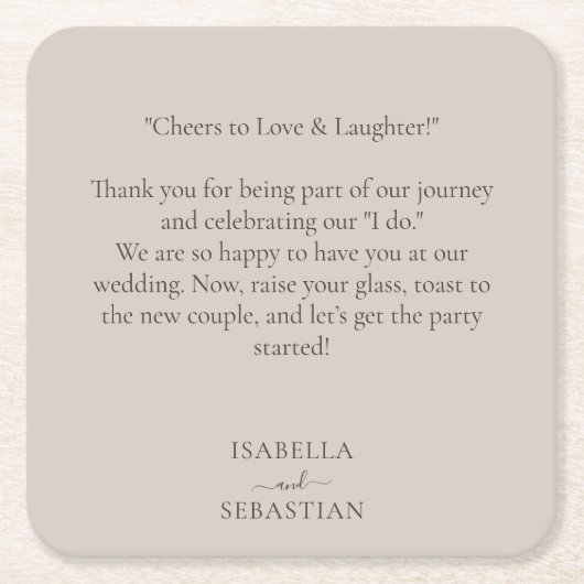 Beige Romantic Funny Message Wedding スクエアペーパーコースター (正面)