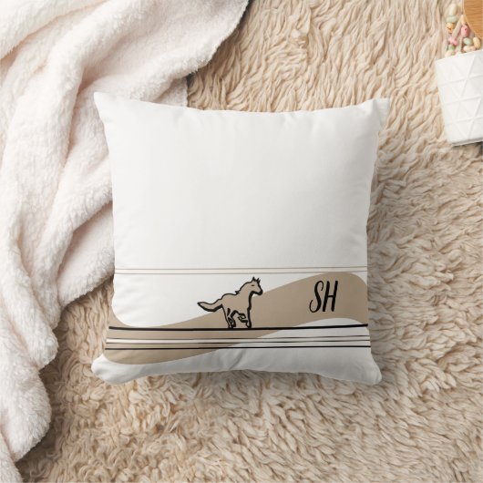 Beige Running Horse Design & Initials Throw Pillow クッション (ブランケット)