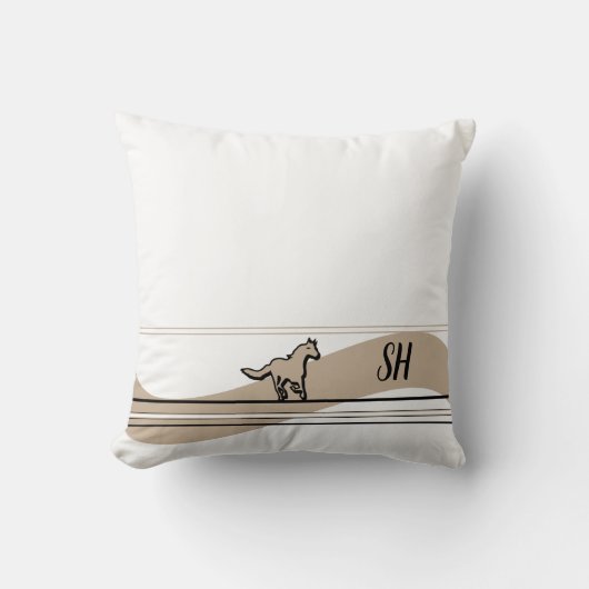 Beige Running Horse Design & Initials Throw Pillow クッション (正面)