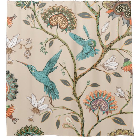 Beige seamless pattern with stylized flowers and b シャワーカーテン (正面)