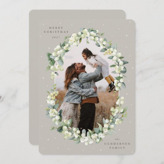 Beige Snowberry+ユーカリのクリスマスフォト シーズンカード (正面/裏面)