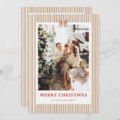 Beige Stripe Red Bow Christmas Photo Holiday Card シーズンカード (正面/裏面)