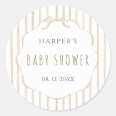 Beige Stripes with Scalloped Frame Baby Shower  ラウンドシール (正面)