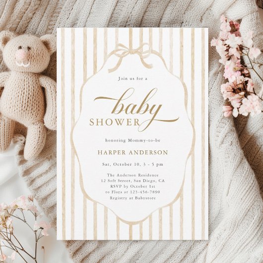 Beige Stripes with Scalloped Frame Baby Shower  招待状