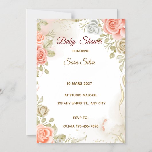 Beige Studded By Flowers Baby Shower Invitation マグネット招待状 (正面)