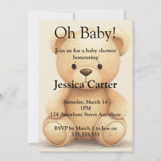 Beige Teddy Bear Gender Neutral Baby Shower  招待状