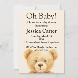 Beige Teddy Bear Gender Neutral Baby Shower  招待状
