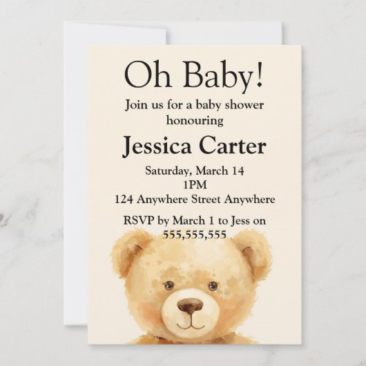 Beige Teddy Bear Gender Neutral Baby Shower  招待状 (正面)