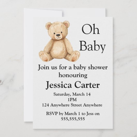 Beige Teddy Bear Gender Neutral Baby Shower Invita 招待状 (正面)