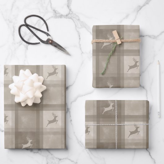 Beige Texture Plaid With Deer Stylish Christmas ラッピングペーパーシート (正面)