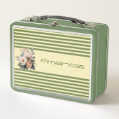 Beige Top with Olive Green Stripes Floral メタルランチボックス (正面)