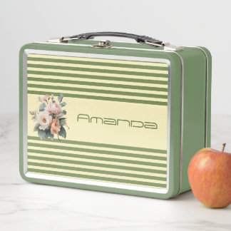 Beige Top with Olive Green Stripes Floral メタルランチボックス