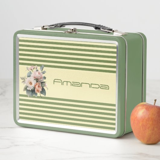 Beige Top with Olive Green Stripes Floral メタルランチボックス (インサイチュ)