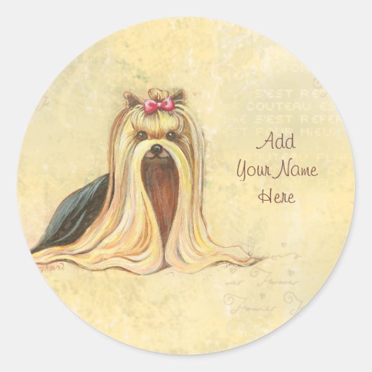 Beige w ScriptのYorkshire Terrierポートレート ラウンドシール (正面)