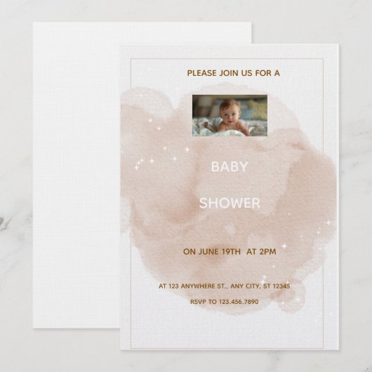 Beige Watercolor Baby shower Invitation 招待状 (正面/裏面)