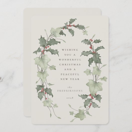 Beige Watercolor Holly & Ivy シーズンカード (正面/裏面)