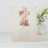 Beige Watercolor Pastel Floral Cross-Shape Wedding 招待状 (スタンド正面)