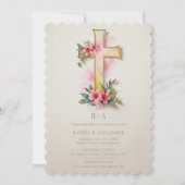 Beige Watercolor Pastel Floral Cross-Shape Wedding 招待状 (正面)