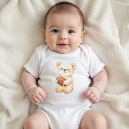 Beige Watercolor Teddy Bear with Football ベビーボディスーツ